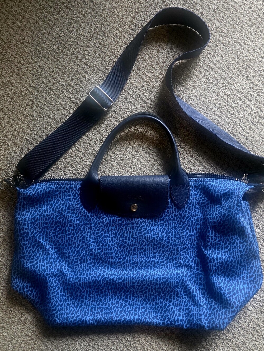 LONGCHAMP Le Pliage Tote Bag Leopard Print Blue With Lomg Strap, Medium